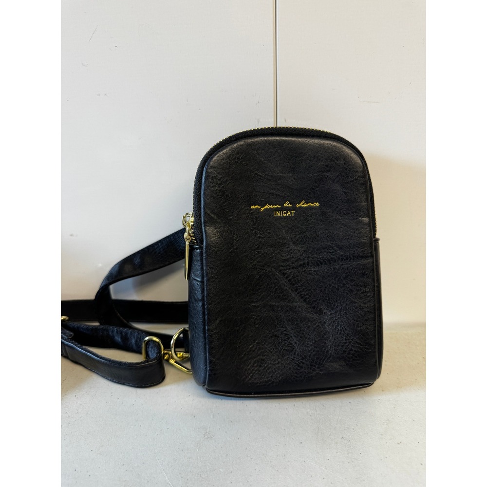 INICAT Black Faux Leather Small Crossbody Sling Bag Gold Hardware